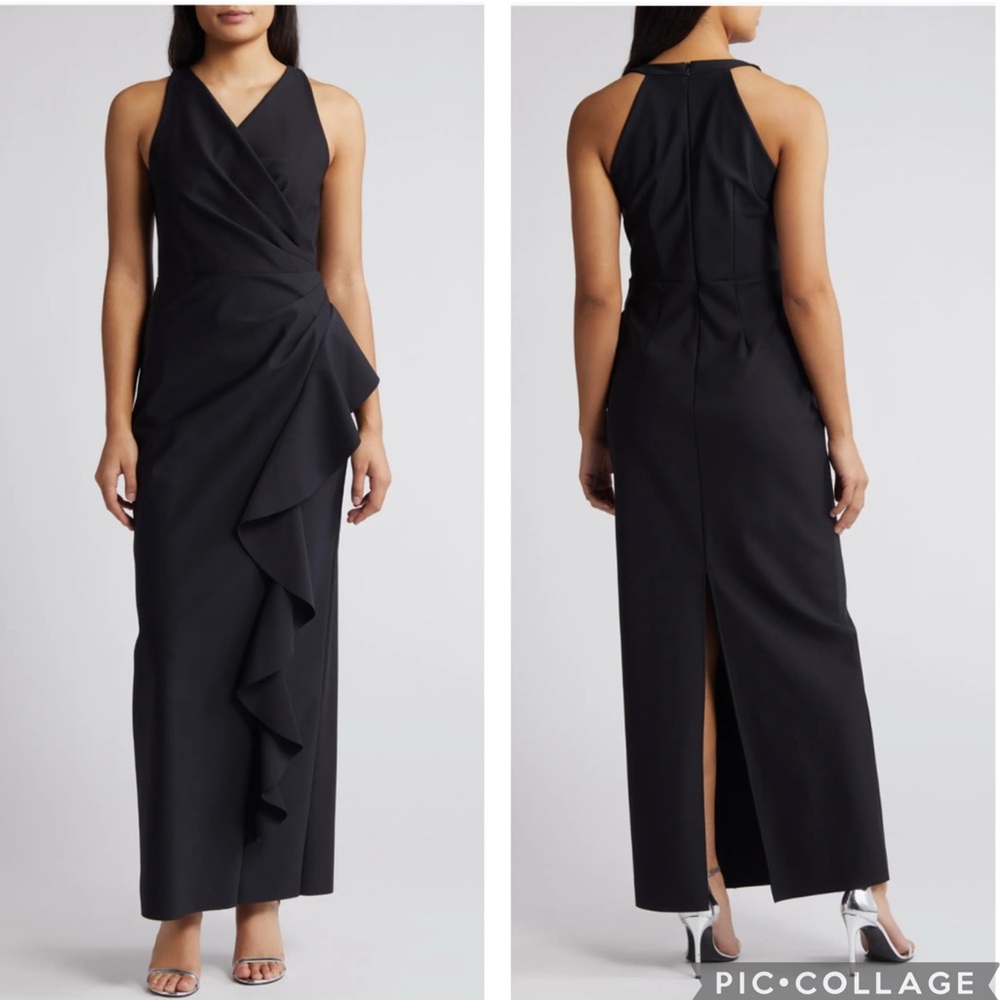 Alex‎ Evenings Cascade Ruffle Scuba Gown Black 12